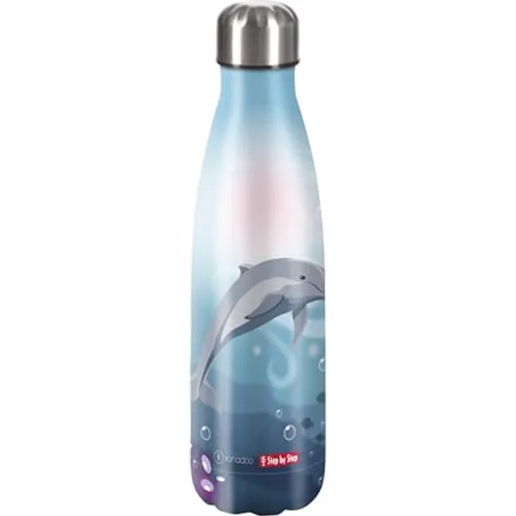 Step by Step Isolierte Edelstahltrinkflasche „Dolphin Pippa blau, für kohlensäurehaltige Getränke, auslaufsicher, Schraubverschluss, 100% recycelbar, für Schule und Freizeit, 0,5 L, Edelstahl