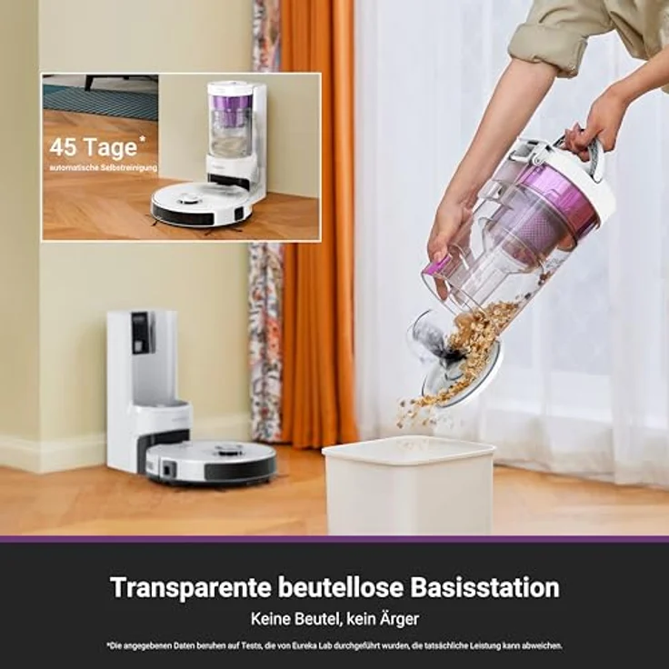 Eureka E20 Plus, Staubsaugroboter mit 8000 Pa Saugkraft, selbstentleerender Station, 180 Minuten Laufzeit, 3D Hindernisvermeidung, DuoDetect AI, weiß – Bild 2