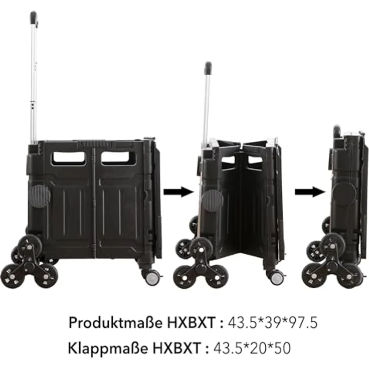 PUCHIKA Einkaufstrolley klappbar, Einkaufswagen Trolley mit Deckel, faltbar, flachziehbar, 8 Gummiräder, 48L, Schwarz – Bild 3