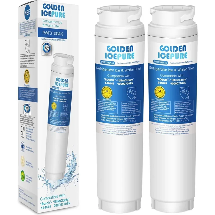 GOLDEN ICEPURE Kühlschrank Wasserfilter 2 Stück, kompatibel mit Bosch Ultra Clarity 644845, Siemens, Neff, Miele, Haier