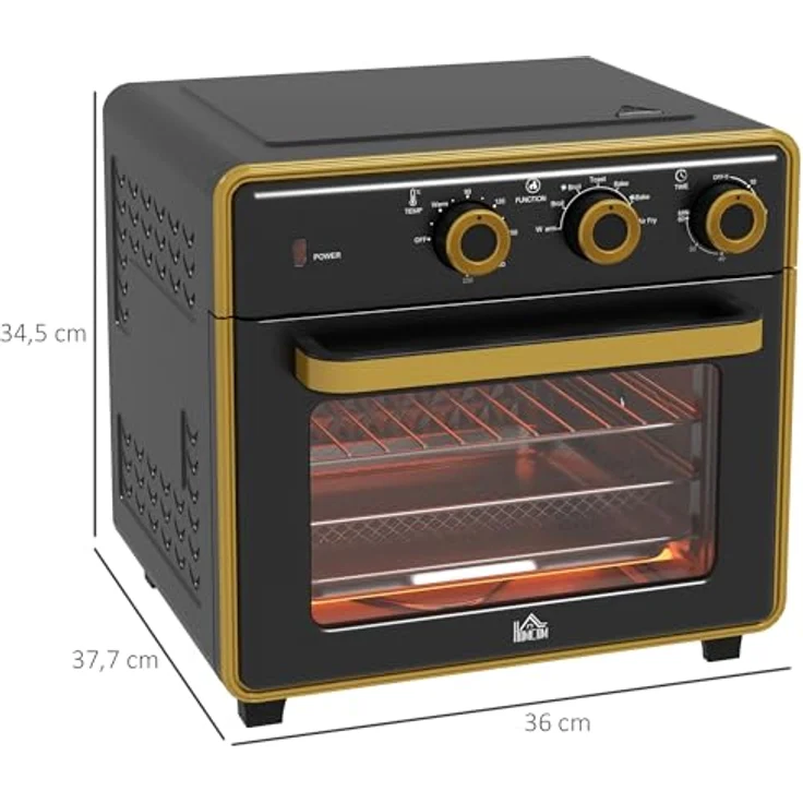 HOMCOM Minibackofen 20L, 5 in 1 Pizza-Ofen inkl. Backblech Set, Frittierkorb, Krümelblech, 1 Std. Timer, 90-230℃, 1400 W Elektrischer Mini Ofen mit Umluft, Schwarz – Bild 5