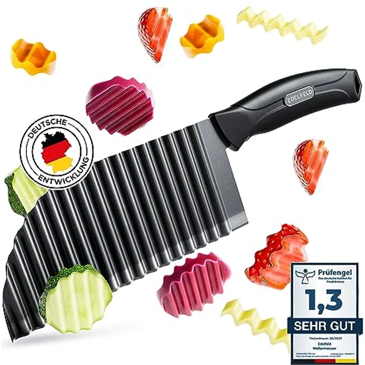 Edelfeld Wellenschneider für Pommes, Obst & Gemüse - Spülmaschinengeeignetes Wellenmesser mit Titanklinge - Professionelles Riffelmesser für Erwachsene & Kinder - BLW Wellenschnittmesser aus Edelstahl