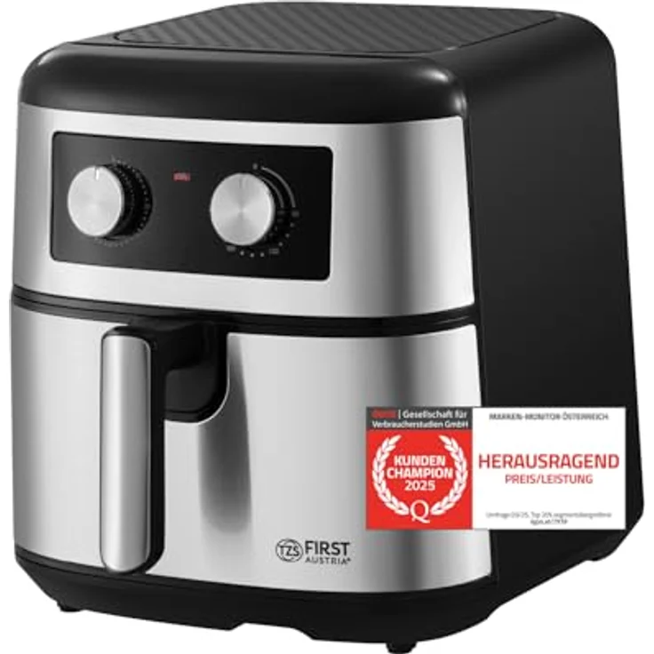 TZS FIRST AUSTRIA Heißluftfritteuse 8L, Antihaftbeschichtung, 1700 W, Timer 60 Min, Schwarz/Edelstahl – Bild 1