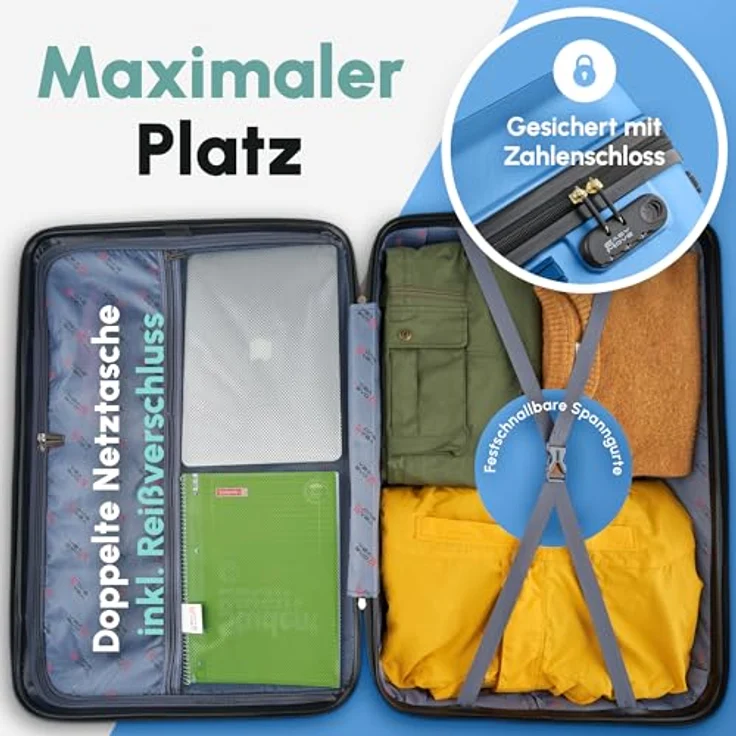 Easy Move ABS Hartschalenkoffer [ERGONOMISCH & SICHER] - Großer Trolley Koffer mit 360° Rädern, Zahlen Schloss - reisekoffer groß, hartschalenkoffer, Luggage (Light Blue, Set) * – Bild 4