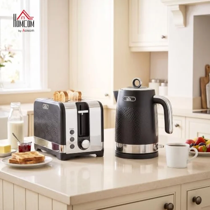 HOMCOM Wasserkocher- und Toaster-Set, 2200 W, 1,7 l mit Thermostat, Schwarz, Anti-Rutsch-Füßen und herausnehmbarer Krümelschublade – Bild 2