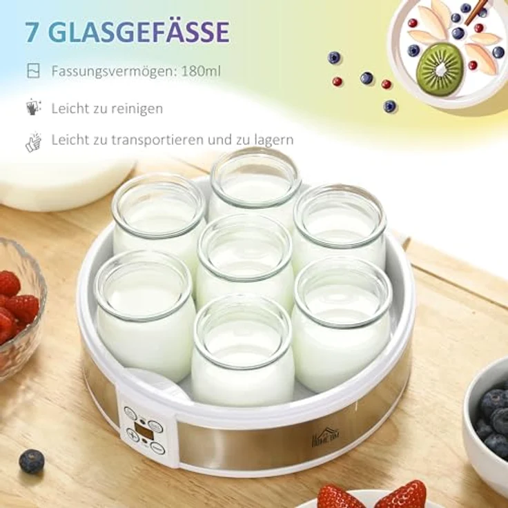 HOMCOM Joghurtbereiter, Joghurtmaschine mit Timer und Temperatur-Einstellung, 7 Glasbehälter je 180 ml, automatische Abschaltung, 20 W, Weiß – Bild 3