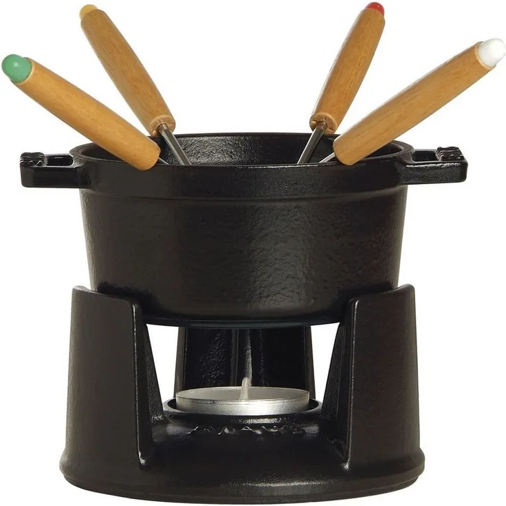 Staub Fondue Staub Specialities Gusseisen Mini Fondue Set, 10 cm rund Schwarz - Dessert- und Käsefondue, für Induktionsfelder geeignet