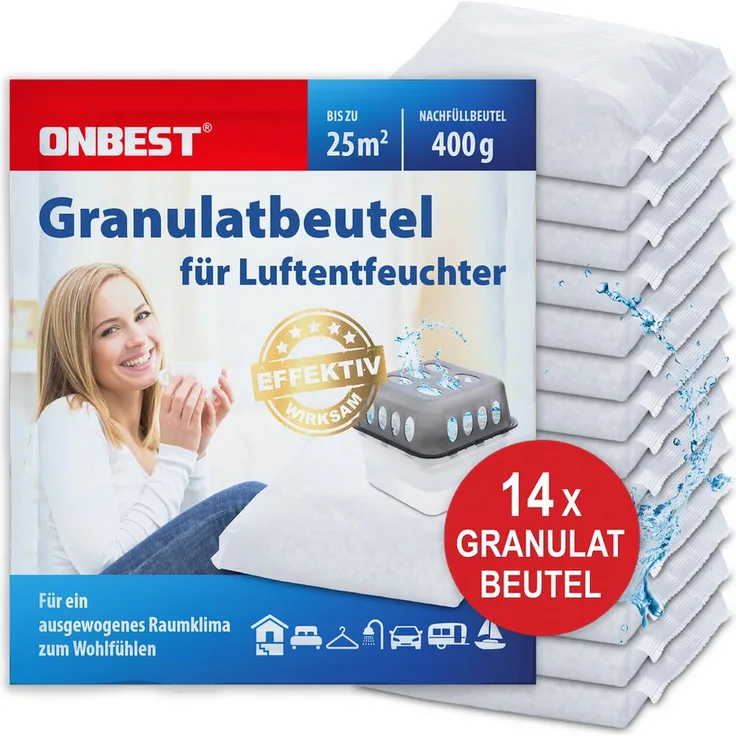 Onbest Luftentfeuchter-Nachfüllpack Set, 14 x 400 g Granulat für optimale Feuchtigkeitsregulierung, universell einsetzbar
