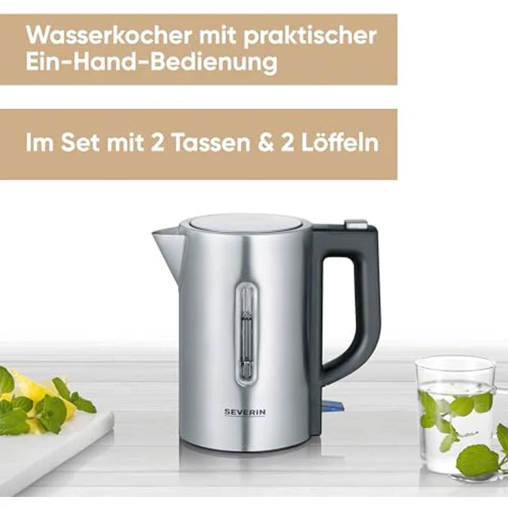 Severin WK 3647 Reise Wasserkocher, 1100W, 0,5l, mit 2 Kunststofftassen und 2 Löffeln, Edelstahl, silber – Bild 3