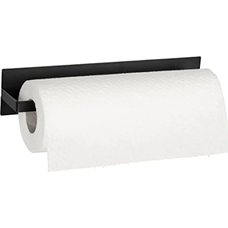 WENKO Magnetischer Küchenrollenhalter Ima, Halterung für die Küchenrolle aus pulverbeschichtetem Metall in Schwarz, Befestigung ohne Bohren durch Magnet oder beigelegtem Klebestreifen, 30 x 6,5 x 6 cm