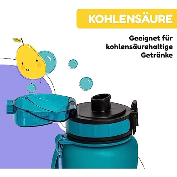 schmatzfatz 800ml, Sport Trinkflasche für Schule Kindergarten, 1-Klick Verschluss, Geschmacksneutrale Wasserflasche, Kinder Auslaufsicher mit Fruchteinsatz, BPA-Frei – Bild 4