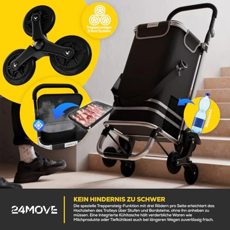 24MOVE® Einkaufstrolley Alegre, klappbar mit 55L Fassungsvermögen, integriertes Kühlfach, faltbarer 3in1 Trolley - Sackkarre und Tasche, bis 30kg belastbar, schwarz – Bild 4