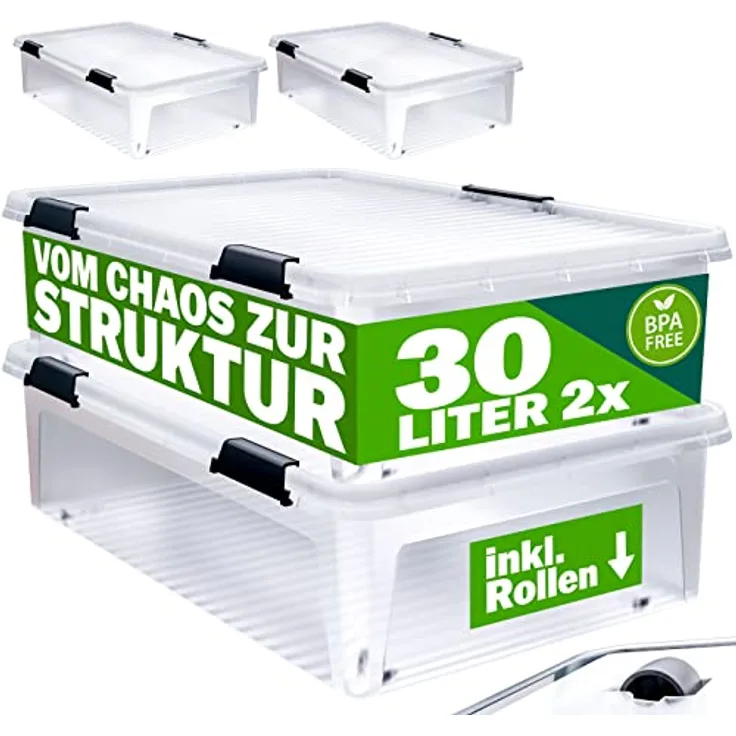 Deuba® Aufbewahrungsboxen 2 x 30l mit Deckel und Rollen, stapelbar, transparent Kunststoff BPA-frei Klickverschluss, RB60 für Büro, Garage, Waschraum - Preisvergleich