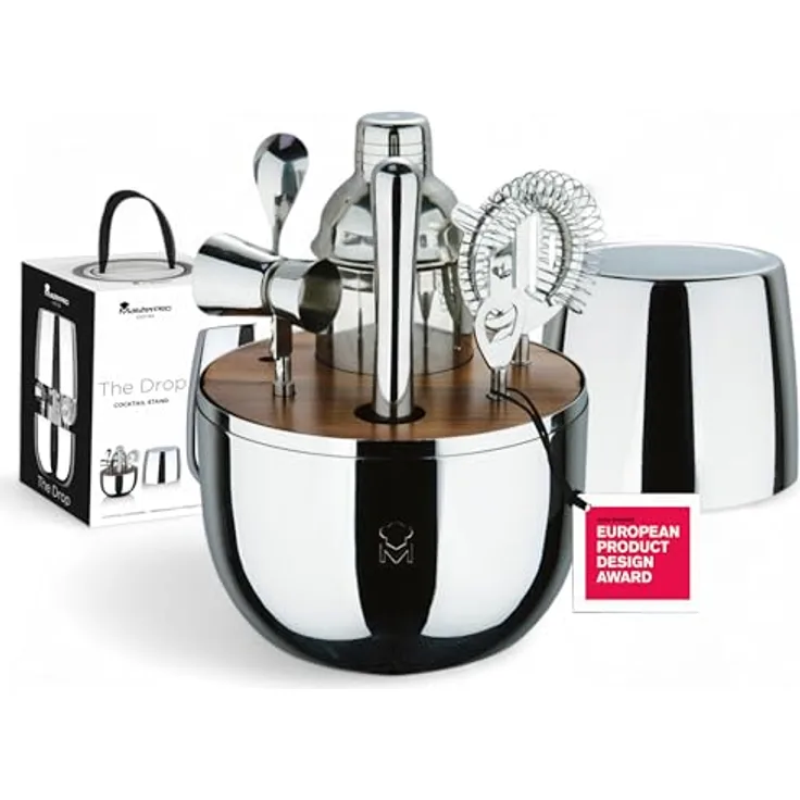 MasterPRO The Drop, 6-teiliges Cocktail-Set aus Edelstahl, mit Sieb, Flaschenöffner, langem Löffel, Cocktail-Shaker, Jigger und Zerkleinerer, stilvoll und professionell