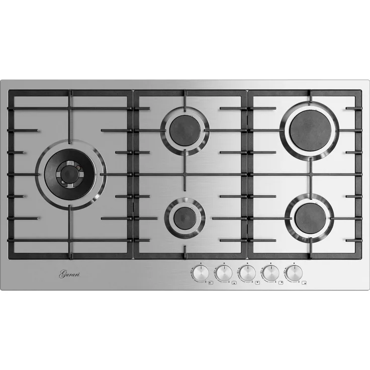 GURARI Gas-Kochfeld GCH FG 905 VPGL 90 cm, Edelstahl, 5 Gasbrenner, 4,0 kW Wok-Brenner, elektronische Einhandzündung, Erdgas/FL.Gas
