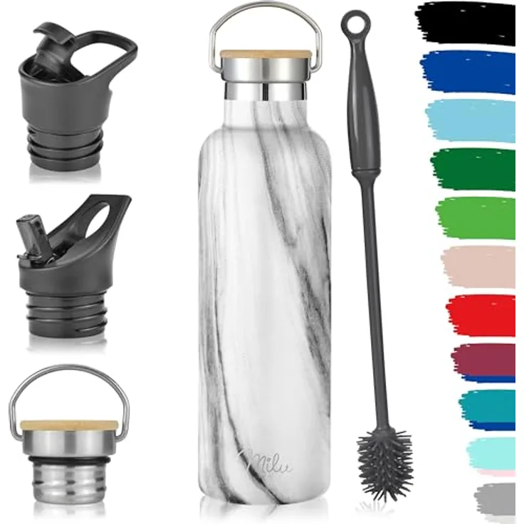Milu Edelstahl Trinkflasche 750ml, doppelwandige Thermosflasche mit Strohhalm, auslaufsicher, kohlensäuregeeignet, Marble