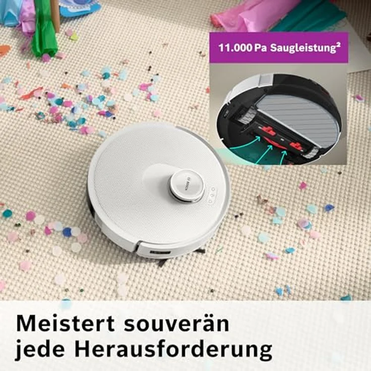 BOSCH Saugroboter Spotless + BCRD1W, Saug- und Wischroboter mit 11.000 Pa Saugkraft, beutellos, Infrarot Navigation, Carbon Bürste, Trocken-Servicestation – Bild 5