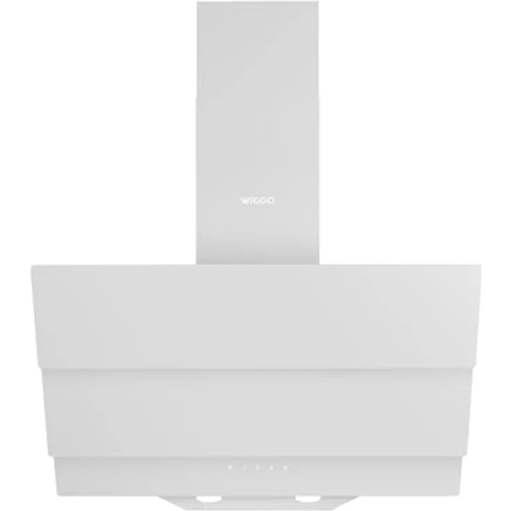 Wiggo B643 Dunstabzugshaube 60cm kopffrei I Abluft Umluft Dunstabzug 615m³/h - Touch-Display 4 Stufen I Energieeffizienzklasse B Schräghaube inkl. 2x Kohlefilter I Abzugshaube Glasfront weiß