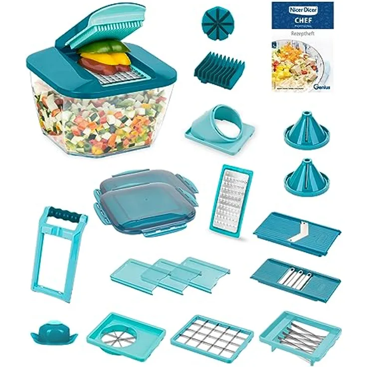 Nicer Dicer Chef Professional Gemüsescheider 23-tlg. Gemüsehobel manuell mit 5.2L großem Auffangbehälter Frischhaltedeckel, Spiraleinsätze, Tomatenschneider, Julienne, Salatschneider mit Rezeptbuch
