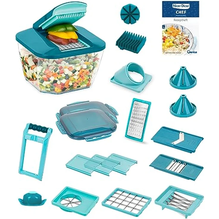 Nicer Dicer Chef Professional Gemüsescheider 23-tlg. Gemüsehobel manuell mit 5.2L großem Auffangbehälter Frischhaltedeckel, Spiraleinsätze, Tomatenschneider, Julienne, Salatschneider mit Rezeptbuch – Bild 1