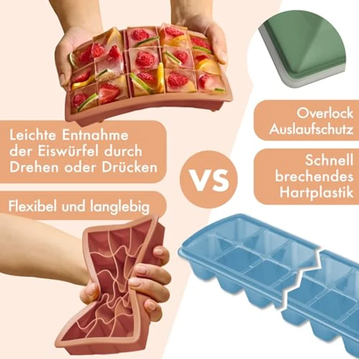 Blumtal Eiswürfelformen Silikon 3er Set, 15er Eiswürfelform mit Deckel, BPA-frei, lebensmittelecht, Olivgrün + Olivgrün + Mineral Rot – Bild 3