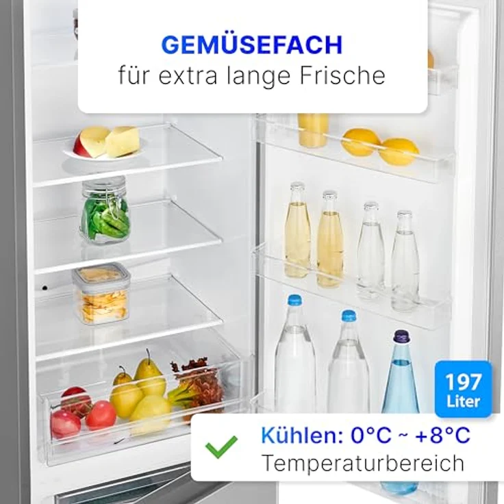 Bomann® Kühlschrank mit Gefrierfach 180cm hoch | Kühl Gefrierkombination 268L mit 4 Ablagen & 3 Schubladen | Türanschlag wechselbar | leise Kühlgefrierkombi mit 36db | Kühlschrank KG 7353 inox – Bild 4
