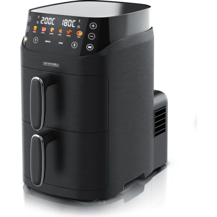 Arendo Heißluftfritteuse Doppelkammer 5 l, 2 Kammern je 2,5 l, 2000 W, Airfryer mit 6 Programmen, 80-200 °C, LED-Display, schwarz