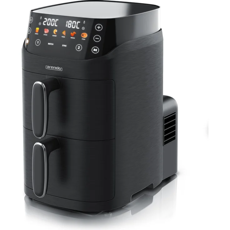 Arendo Heißluftfritteuse Doppelkammer 5 l, 2 Kammern je 2,5 l, 2000 W, Airfryer mit 6 Programmen, 80-200 °C, LED-Display, schwarz