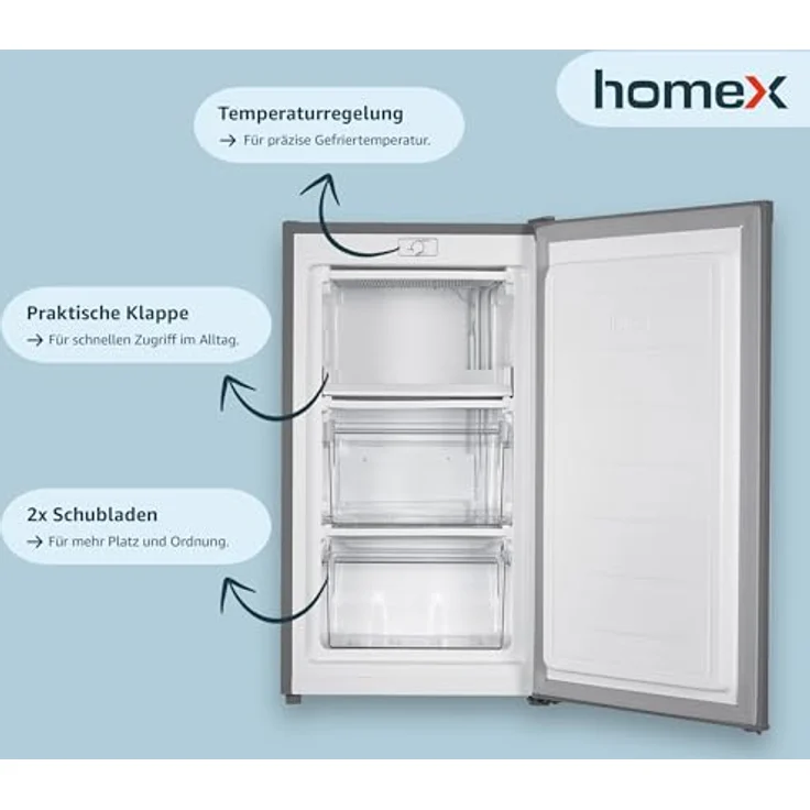 homeX FS1016-S, Gefrierschrank 60L mit 4-Sterne Gefrierfunktion, freistehend, silber, kompakt und leise – Bild 2