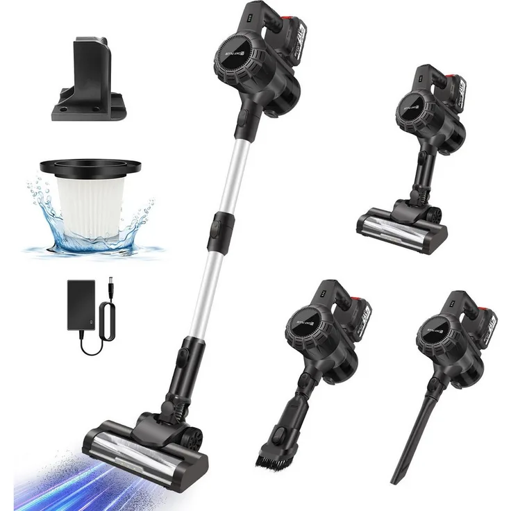 Athlix Bodenstaubsauger 3-in-1, Akku-Handstaubsauger, Kabellos, grau, 30.000 PA Saugleistung, 65 Min. Laufzeit, 380 W, Beutellos, 3 Aufsätze, LED-Beleuchtung
