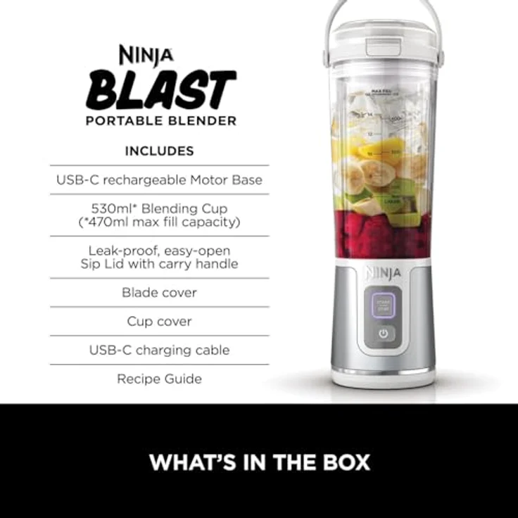 Ninja Blast BC151UKWH, Silber, Tragbarer Mixer, 530 ml, auslaufsicherer Deckel und Trinkauslauf, leistungsstarker kabelloser Mini-Mixer, wiederaufladbar, tragbare Smoothies, Protein-Shakes, mischt Eis und – Bild 2