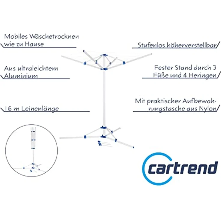 cartrend Caravan Wäschespinne Alu mit Stativ, ultraleicht mit sicherem Stand, stufenlos höhenverstellbar, witterungsbeständig, robust, zusammenklappbar, platzsparend, mit 3 Heringen und 3 Standfüßen – Bild 2