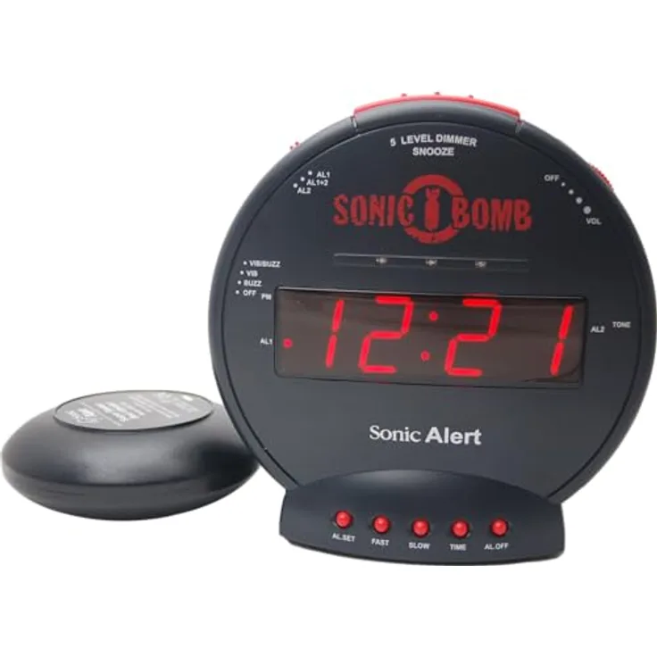 Geemarc Sonic Bomb - Wecker mit superstarkem Alarm, Vibrationskissen und Schlummerfunktion - Für Hörgeschädigte und Langschläfer - Version DE