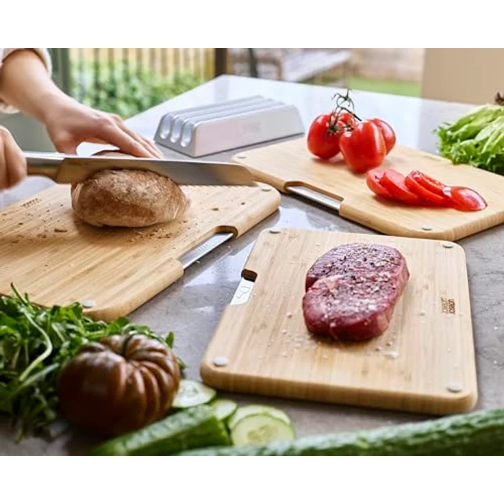 Joseph Joseph Nest Boards, 3er Set Schneidbretter mit Halterung aus Bambus, beige, rutschfest und lebensmittelspezifischen Symbolen – Bild 5