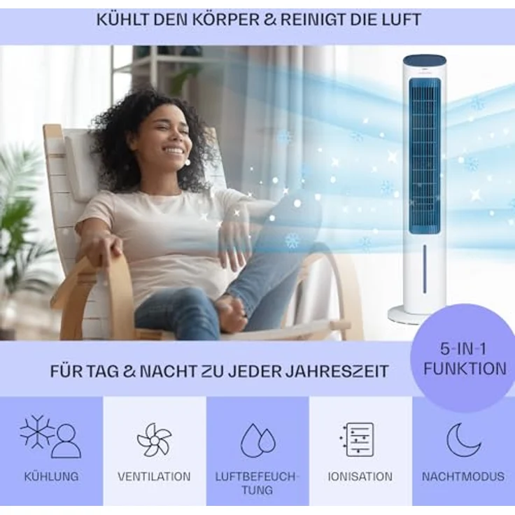 Mistral 5-in-1 Luftkühler Ventilator Luftbefeuchter Ionisator 360 m³/h Fernbedienung Weiß – Bild 3