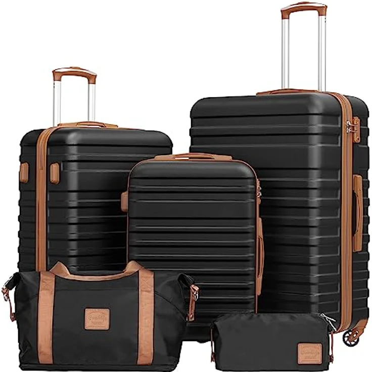 COOLIFE 5-teiliges Koffer Set, Trolley Reisekoffer aus ABS mit 4 Rollen, TSA-Schloss, inkl. Reisetasche und Kulturbeutel, navy blau – Bild 1