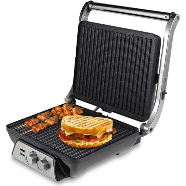 SOGO Human Technology SAN-SS-7141 Sandwichmaker, 2200 Watt, Antihaftbeschichtung, Kontrollleuchte, 3 Programme, schwarz, edelstahl – Bild 2