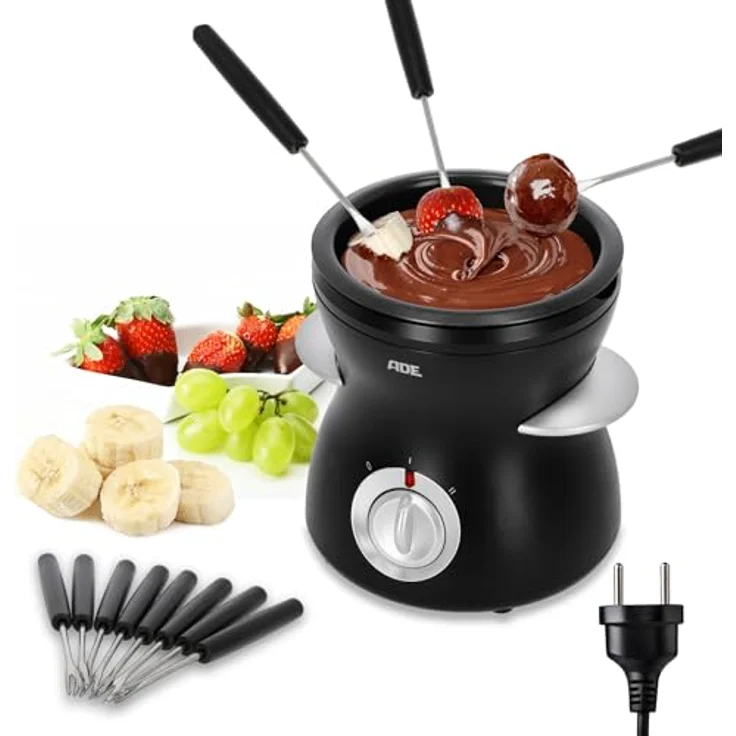 ADE elektrisches Schokofondue 500 ml mit 8 Spießen, Temperiergerät mit 2 Temperaturstufen, teflonbeschichtete herausnehmbare Schüssel, ideal für Schokobrunnen – Bild 1