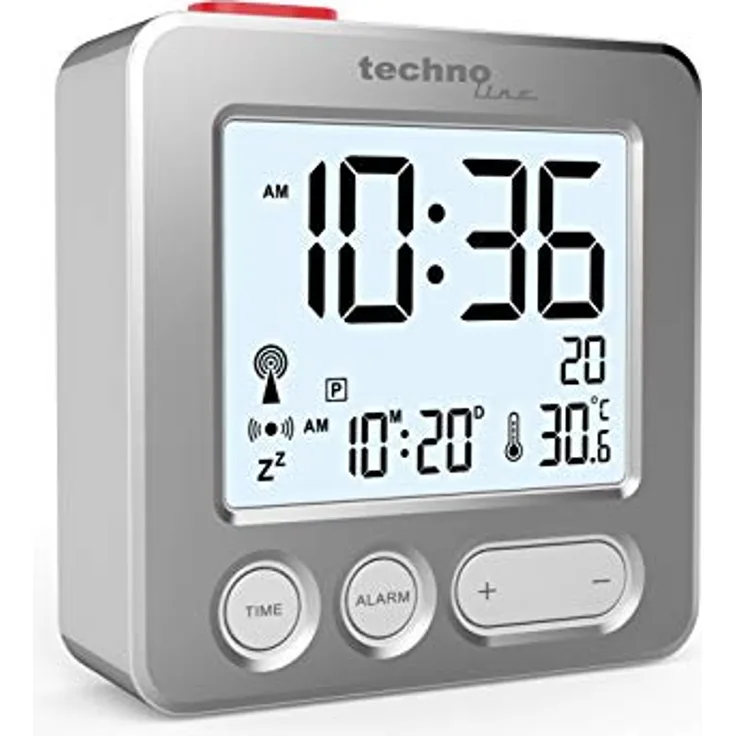 Technoline WT265 handlich und überzeugend moderner Funkwecker mit gebürsteter Echtmetall-Front, silber, Touch-Aktivierung für Beleuchtung/Snooze, Datum, Innentemperatur, 66 x 21 x 66 mm