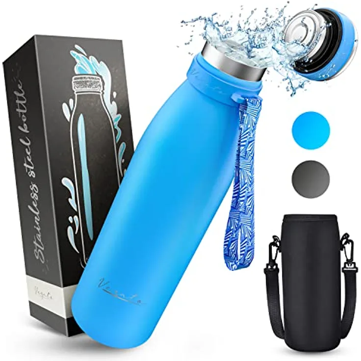 Vezato Trinkflasche Edelstahl - BPA-freie Isolierflasche 1 Liter - Auslaufsichere Wasserflasche mit doppelter Isolierung - Thermosflasche spülmaschinenfest - Für Kohlensäure geeignet - Nachhaltig