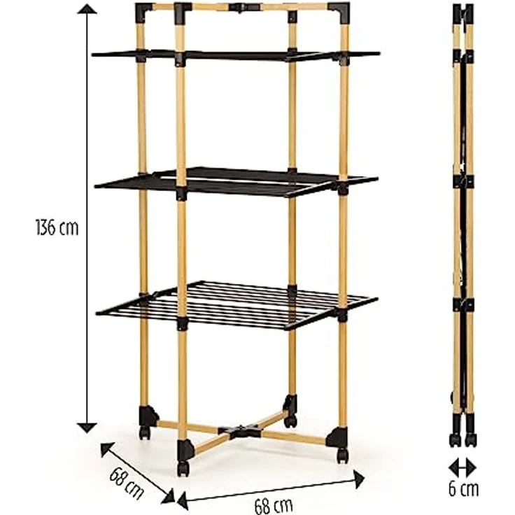 Vitapur Faltbarer Wäscheständer | Standtrockner 69x136x69 cm | Stabile Räder | Bis zu 20 kg Wäsche | Ideal für kleine Wohnungen | Schwarz – Bild 2