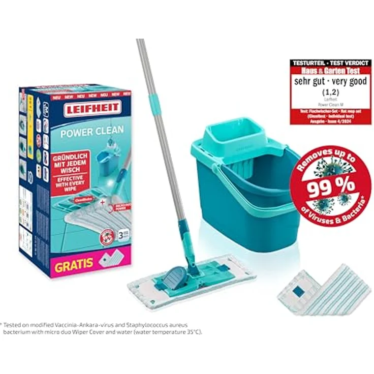 Leifheit Set POWER CLEAN M, rückenschonender Bodenwischer mit Reinigungsklingen und Wischtuchpresse, Wischmopp Set mit Eimer und 2x Mikrofaser Wischbezüge für alle Hartböden, Click-System – Bild 2