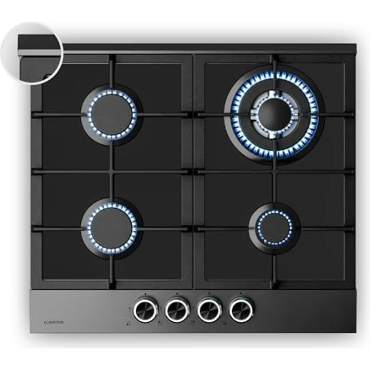 Klarstein Verosteel Gaskochfeld 4-Brenner, 8000W, 60cm, Schwarz Edelstahl, Flüssiggas/Erdgas, elektrische Zündung, Flammenausfallschutz, inkl. Umrüstsatz – Bild 1