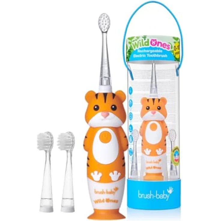 Brush-Baby WildOnes Toby Tiger, Elektrische wiederaufladbare Zahnbürste mit 2-Minuten-Timer, USB-Ladekabel, wasserdicht, für Kinder von 0-10 Jahren, inklusive 2 Ersatzbürstenköpfen – Bild 1