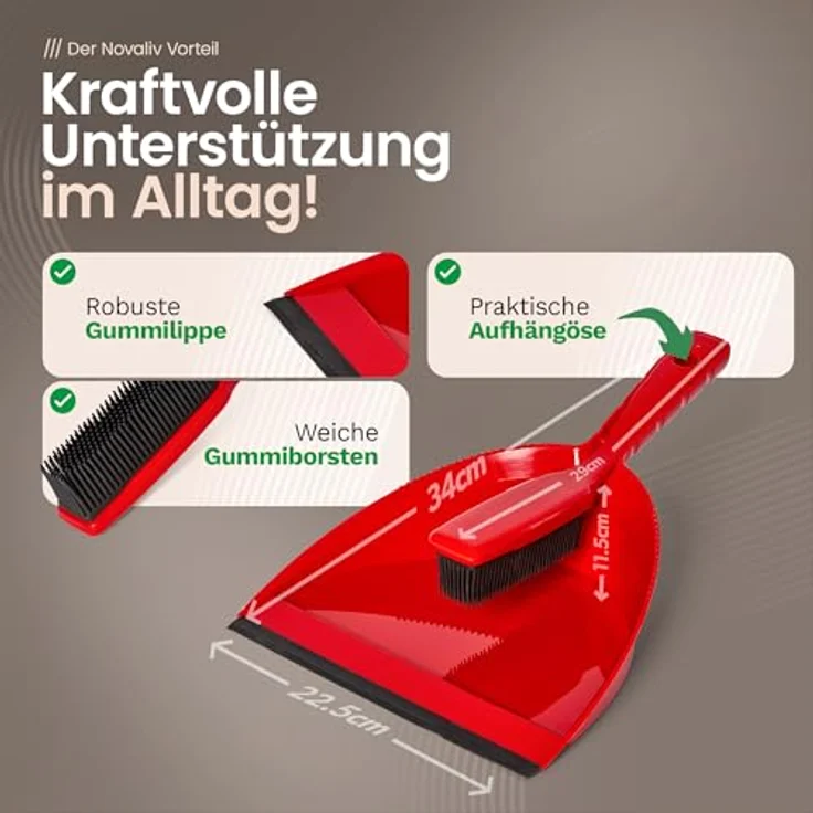 Novaliv Kehrgarnitur 19706-19705-19522, Gummibesen mit Teleskopstiel und Kehrgarnitur für Friseure, vielseitig einsetzbar auf verschiedenen Bodenbelägen, Made in Germany – Bild 3
