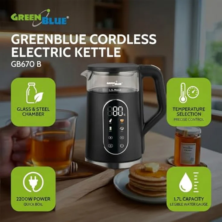 GreenBlue GB670 B, Kabelloser Wasserkocher 1,7 L mit Temperaturwahl, Glasbehälter, 2200 W, schwarz – Bild 7