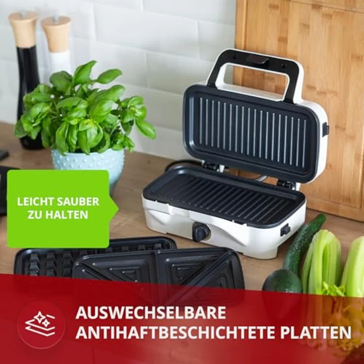 MPM MOP-33M 3in1 Sandwichmaker, 1200W, austauschbare Platten, Sandwichtoaster, Belgisches Waffeleisen, Grillplatte, Kontaktgrill für Fleisch und Fisch, Temperaturregelung, weiß – Bild 4