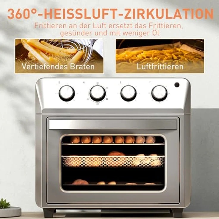 HOMCOM Minibackofen mit 60 Min. Timer, 24 L, 1600W, Heiße Luftzirkulation, Innenbeleuchtung, Silber – Bild 6