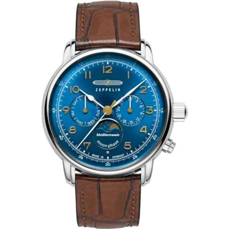 Zeppelin Herrenuhr LZ 121 Méditerranée, Mondphase, blaues Sunray Zifferblatt, braunes Lederband, 41 mm Edelstahlgehäuse, Made in Germany – Bild 1