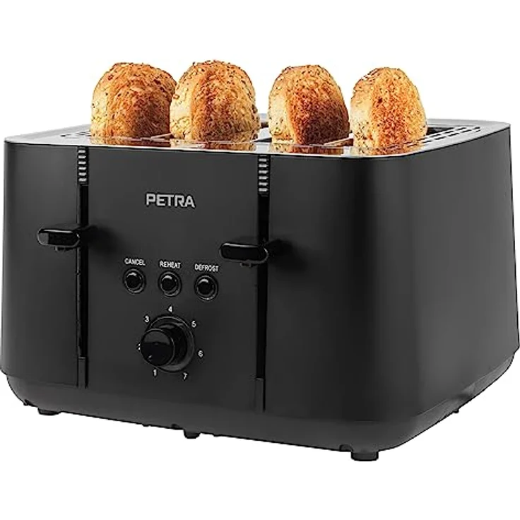 Petra PT5565MBLKVDE 4-Toastschlitze Toaster – selbstzentrierende Toastkammern für die Brotführung, Anti-stau-Funktion, 7 Stufen, Auftauen/Wiedereinsetzen/Abbrechen, Krümelschublade, 1850W, Schwarz – Bild 1